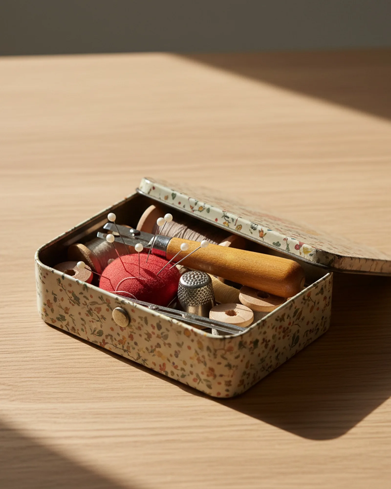 Petits accessoires de couture disposés en flat lay : découd-vite, pinces, gabarit d'ourlet