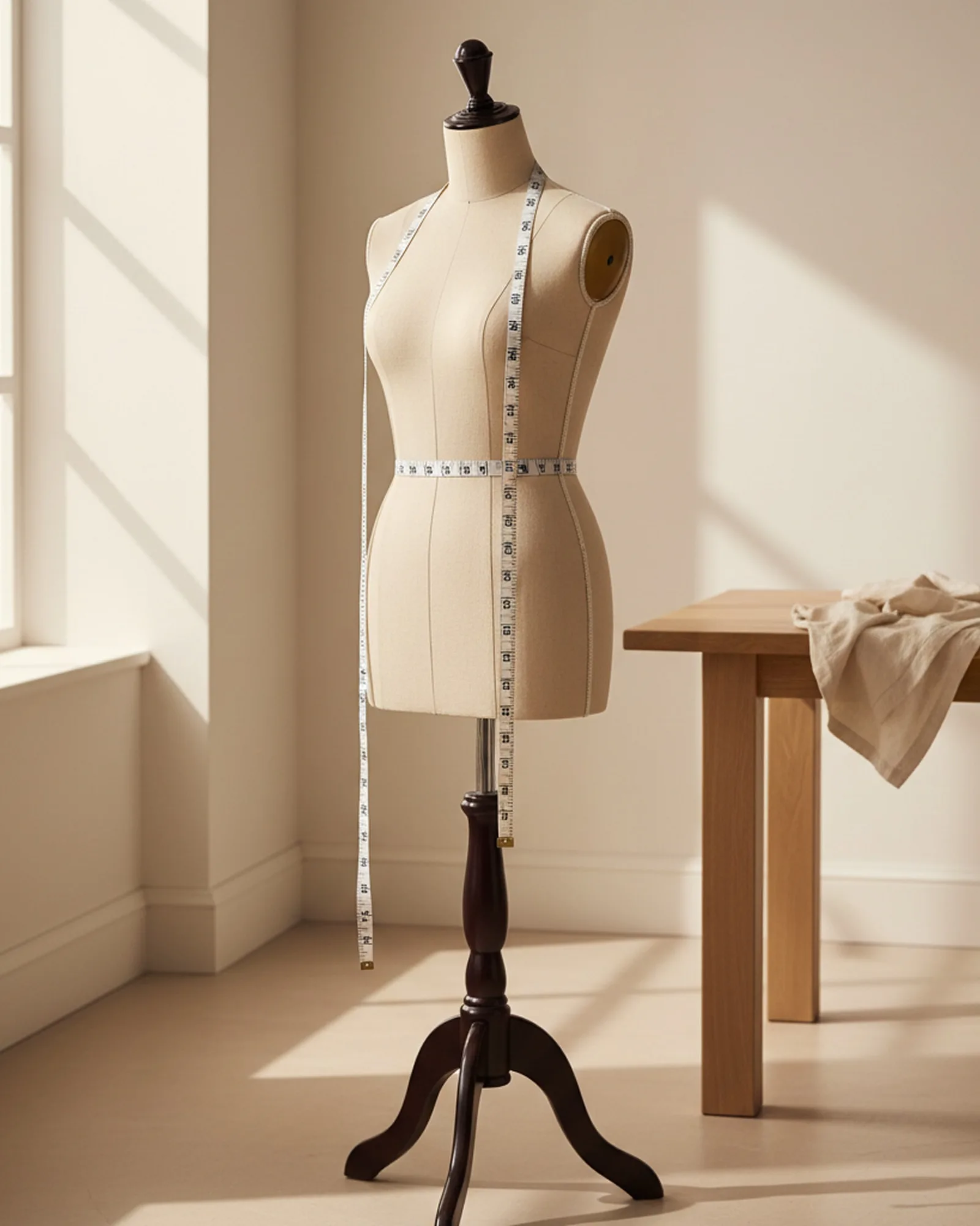 Mètre ruban de couturière enroulé sur une table en bois clair