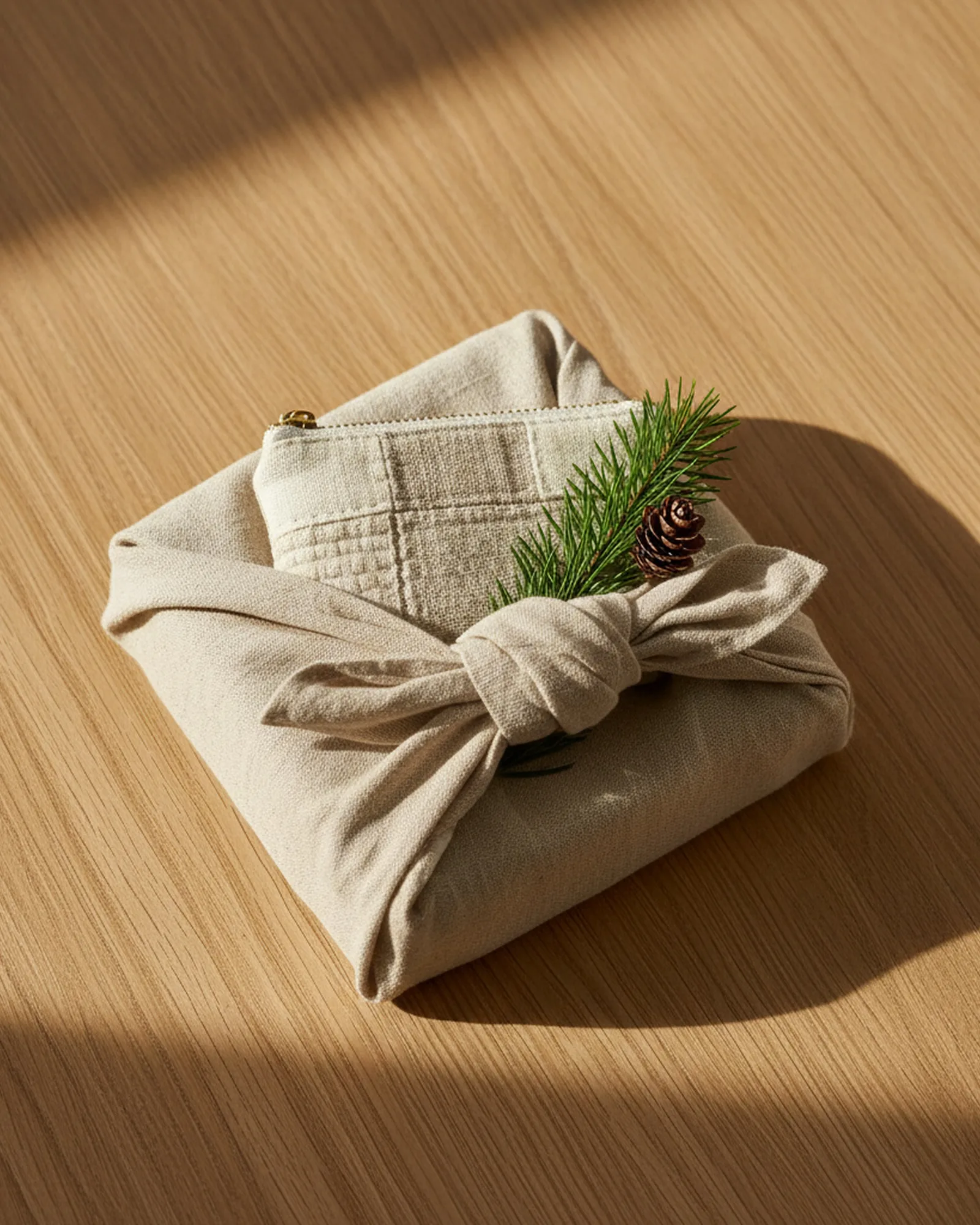Petits objets cousus emballés dans du tissu noué façon furoshiki