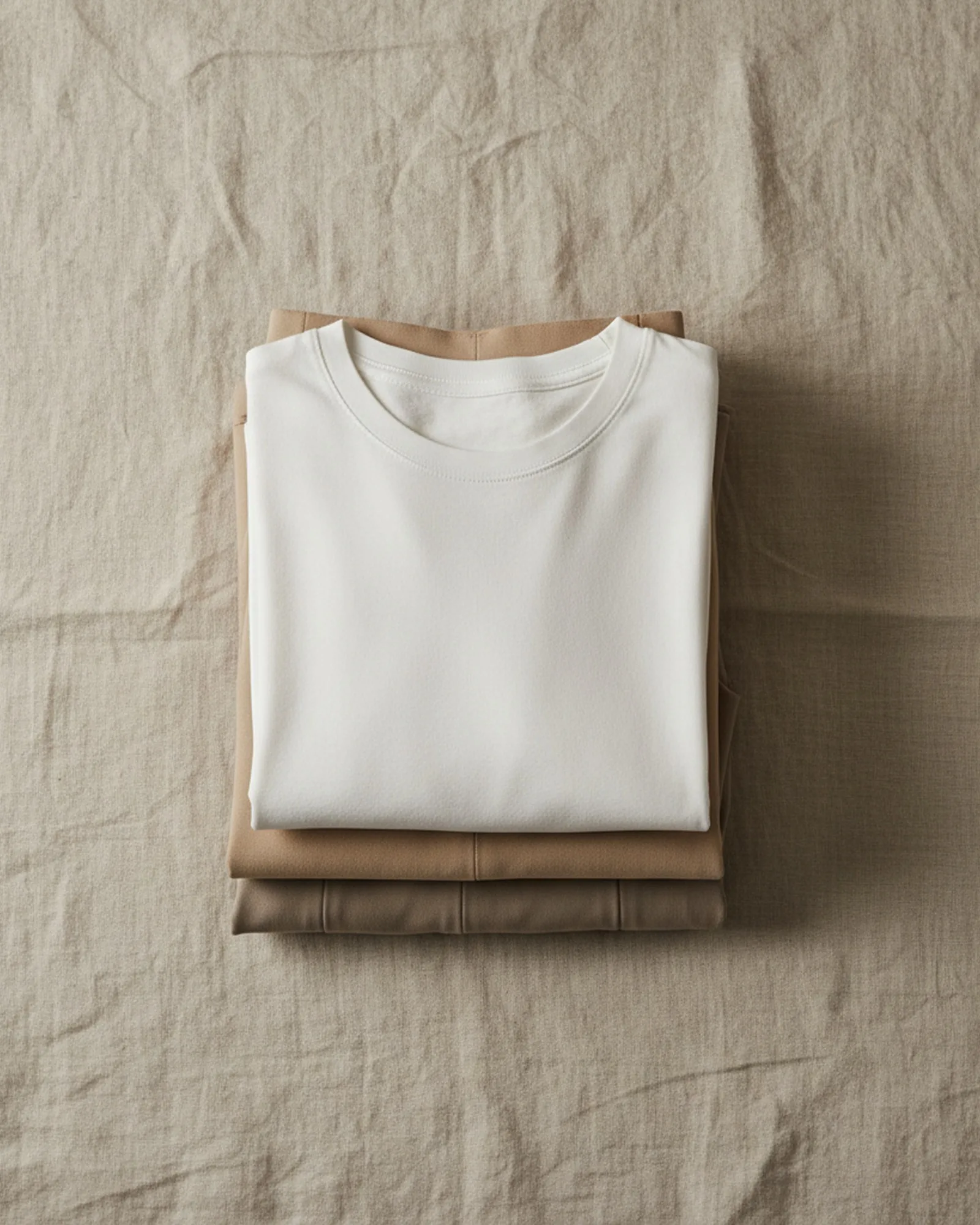 Trois pièces de vêtements pliées et empilées : tee-shirt, jupe droite, pantalon