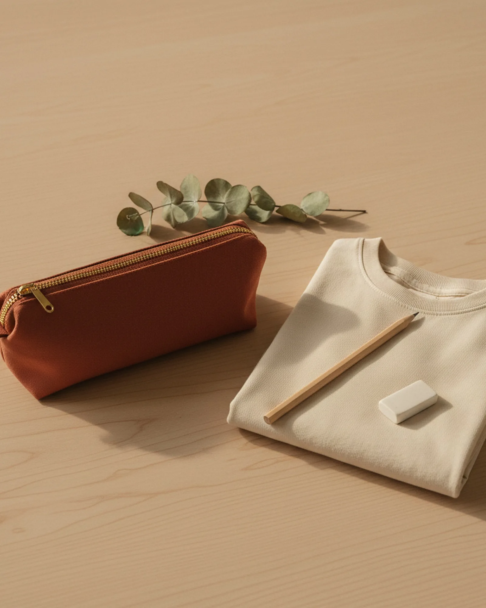 Petite trousse scolaire en tissu et tee-shirt enfant plié sur une table en bois clair