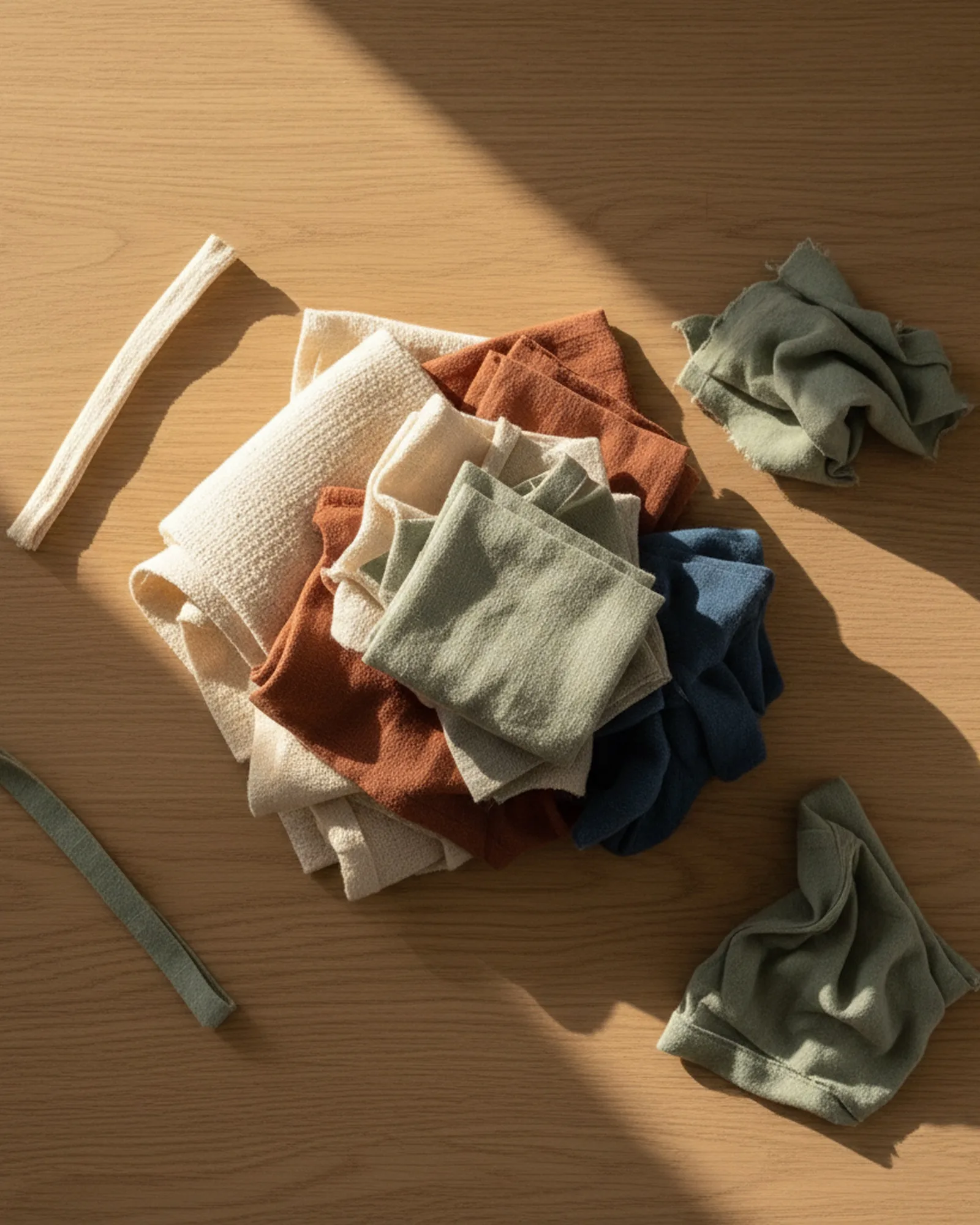 Petites chutes de tissu de couleurs neutres empilées sur une table en bois clair